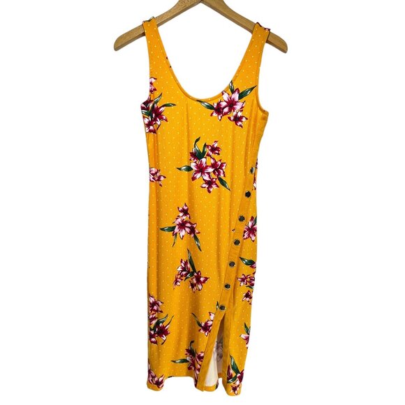 GUESS Midi Dress M Mustard Yellow Ribbed Floral Tank Dress Beachy Boho Chic Y2K - Picture 1 of 7